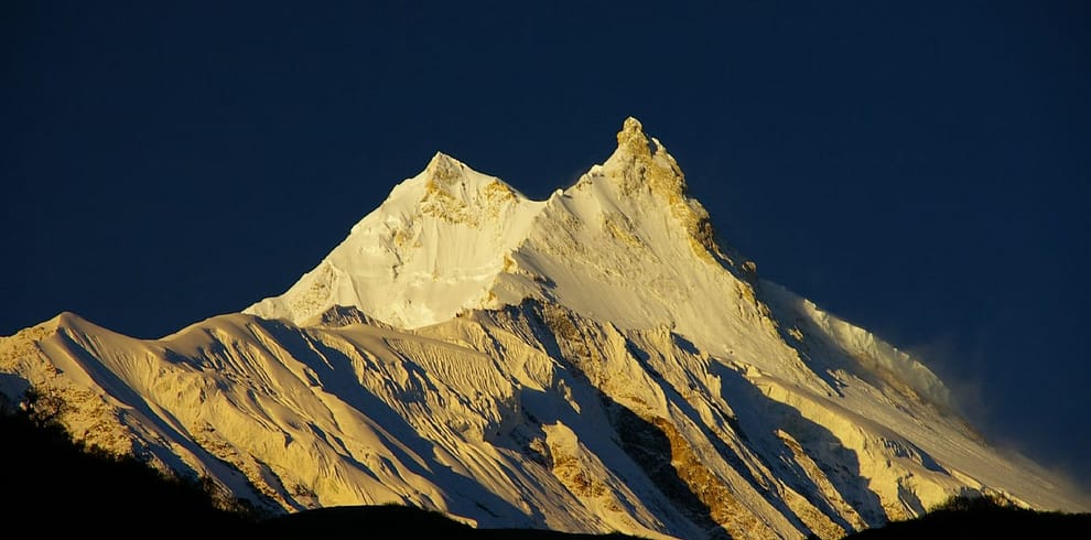 View of one of the tallest mountain in the world Manaslu. Manaslu Base Camp Trek manaslu expedition